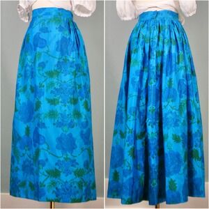 Vintage 1950s Silk Maxi Skirt Blue Floral Hollywood Elegant 50s Retro Large